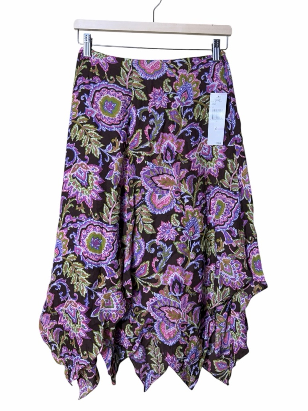 NWT Boho Paisley Handkerchief Hem Midi Skirt Purple Floral Y2K Fairycore Size 6 - Picture 1 of 6